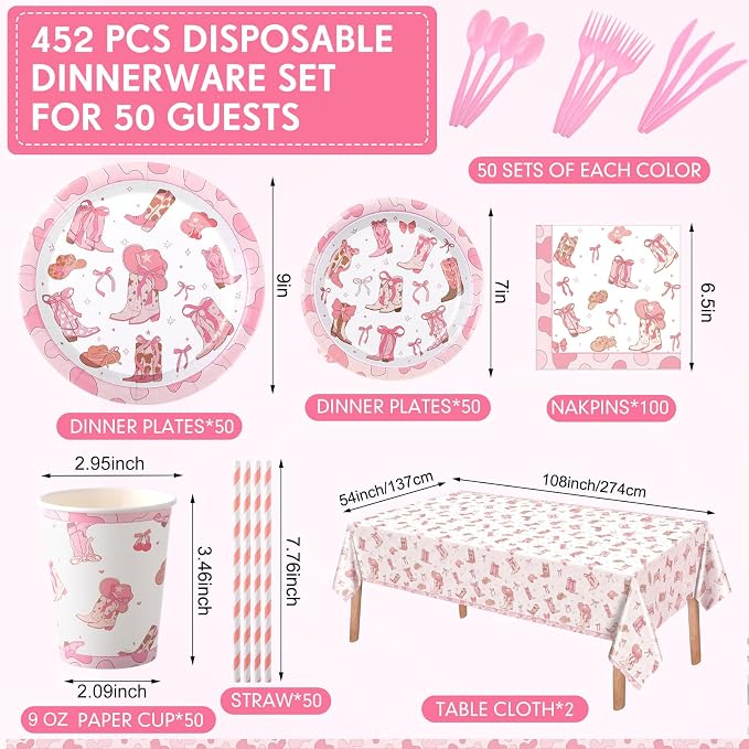 Funnymoom 452 Pcs Pink Cowgirl Boots and Bows Party Decoration for 50, Western Cowgirl Paper Plates Napkins Cups Tablecloth Cutlery Straws for Coquette Baby Shower Birthday Gender Reveal Party Supply