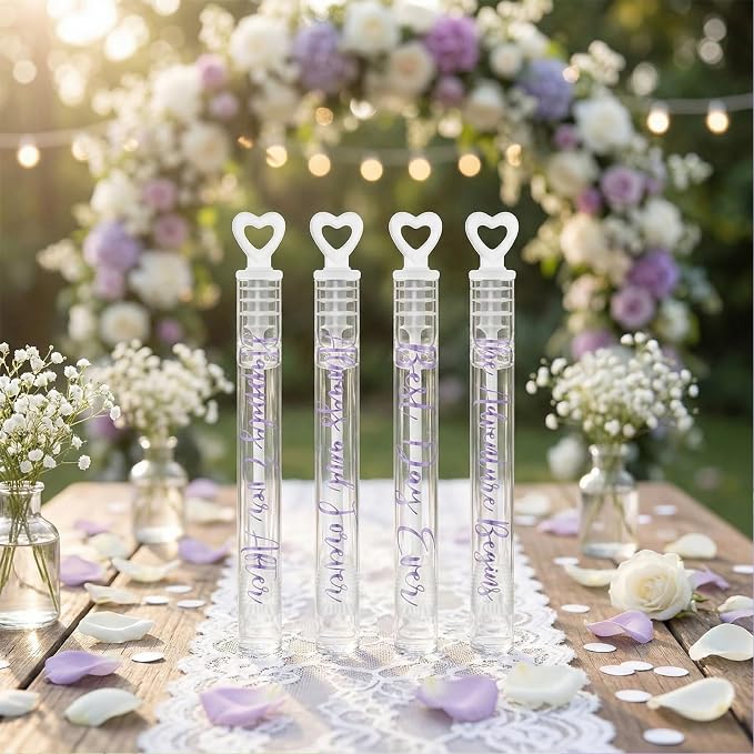 Hollowfly 120 Pack Purple Lavender Wedding Mini Bubble Wands for a Wedding Bulk White Heart Bubble for Guests Send off Wand Adults Bridal Exit Shower Party Supplies Valentine Anniversaries Celebration