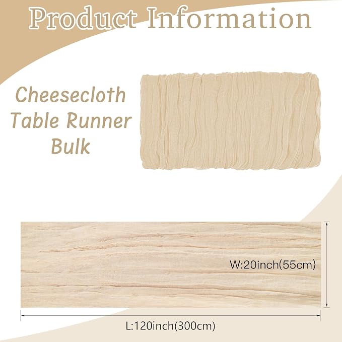 16 Pack Cheesecloth Table Runners 20" x 120", Boho Gauze Table Decor for Wedding, Bridal Shower, Birthday Party, Long Romantic Runner(Beige)