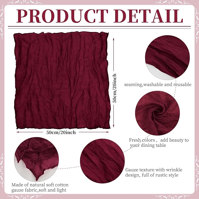 60 PCS Burgundy Gauze Cheesecloth Napkins,20x20 Inch Gauze Napkin Rustic Wrinkled Cheesecloth Napkin Bulk Washable Dinner Table Napkins for Wedding Party Bridal Shower Baby Shower Events Decor