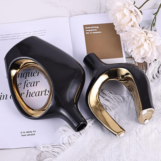 Black and Gold Hollow Ceramic Vase Set of 2, Modern Nordic Boho ins Style Aesthetic Decorative Flower Vase for Home Decor, Wedding, Living, Bedroom, Dining Table, Shelf, Mantle, Office Decor