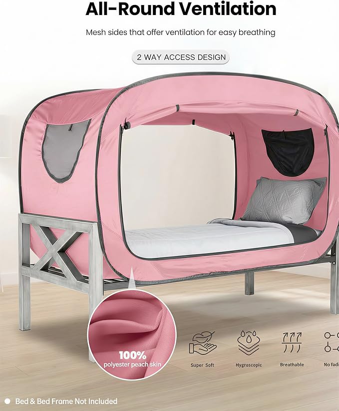 ANC POP Bed Tent Twin Bed Canopy Portable Dream Tent for Adult Indoor Sleeping Tents with 2 Doors Breathable Private Space Tents, Pink