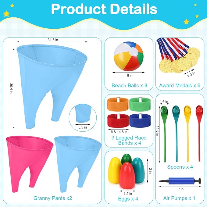 Granny Pants Yard Game Field Day Carnival Outdoor Games Combo Set with Egg Spoon Race 3 Legged Relay Race Bouncy Tossing Ball Adult for Lawn Picnic Family Reunion Team Party
