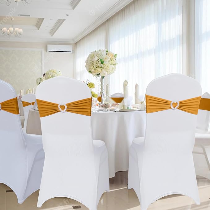 Howhic Pack of 120 Spandex Chair Sashes Bows Stretch Chair Cover Band with Buckle Slider Universal Elastic Chair Ties for Wedding Banquet Party Event Decoration (Gold)