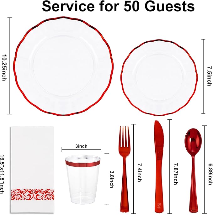 LIYH 350 Pcs Red Plastic Dinnerware Set for 50 Guests, Clear Disposable Plastic Plates with Red Rim Include: Dinner & Dessert Plates, Napkins, Cups, Silverware for Party Birthday