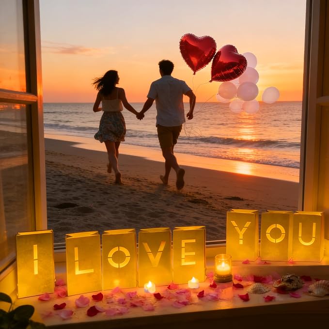 I Love You Light Up Letters with Tea Lights Candles Rose Petals Heart Balloons Luminary Paper Bags for Romantic Valentines Wedding Anniversary Banner Sign Decorations to Loved One(2068Pcs)
