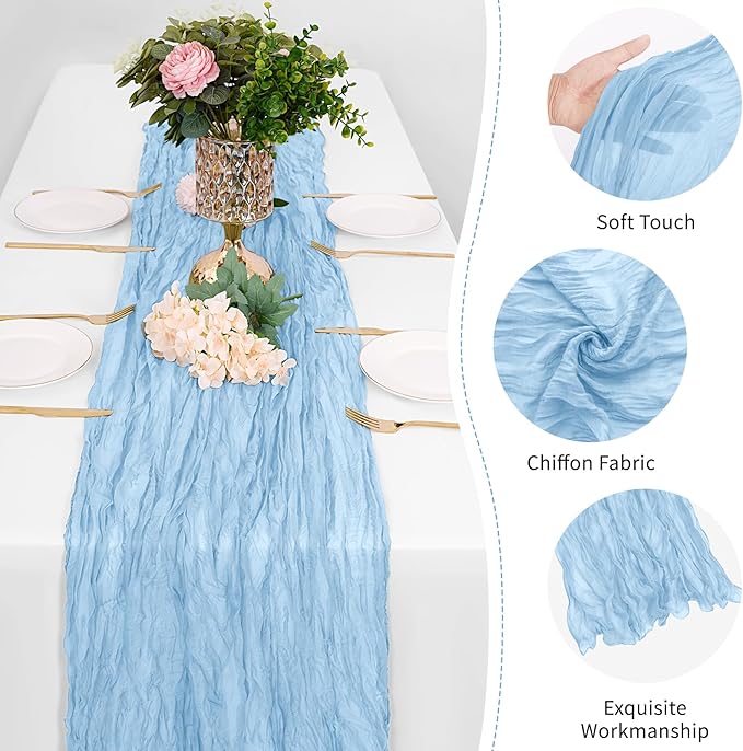 25 Pack Baby Blue Cheesecloth Table Runner 17 x 108 Inch Gauze Table Runner Fabric Semi Sheer Cheese Cloth Table Decor Bulk for Rustic Romantic Wedding Baby Shower Table Decoration