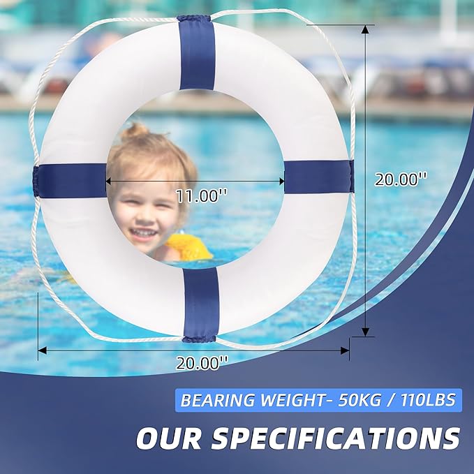 Calvana 20" Foam Life Preserver Ring with 98.4ft Floating Lifesaving Rope, Throwable Flotation Device, Pool Safety Float, for Buoy and Swimming Decoration, Boat Safety Equipment