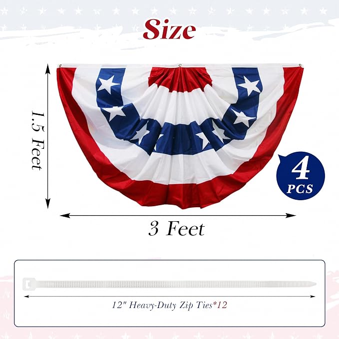 HOOSUN 4th of July Decorations,American Flag Bunting for Outside,Patriotic Fourth of July Bunting Memorial Day Decorations,USA Pleated Fan Flag 1.5x3 FT,Red White and Blue Buntings Banner 4 Pack
