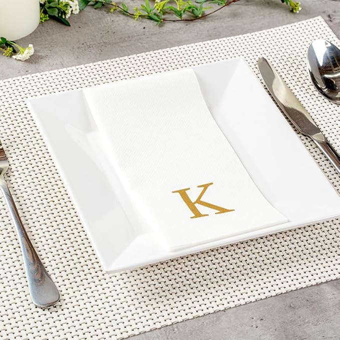 Luxenap 15.8 X 7.9 Inch Linen-Feel Guest Towels, 50 Lettered Hand Towels - Gold Letter 'K', Sans Serif Font, White Paper Dinner Napkins, airlaid, For Restrooms And Tables