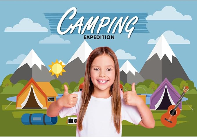 Camping Adventure Backdrop Cartoon Forest Mountain Scenery Camping Expedition Photography Background Outdoor Campfire Camper Tent Backdrop Hiking Climbing Sign Guitar Background 5x3ft