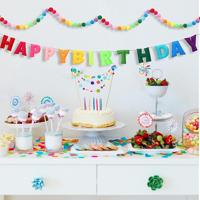 Mindsoft 2 Pcs 9.83ft Pre Strung 3D Happy Birthday Felt Fabric Banner with Ball Garland Reusable Pom Pom Garland for Birthday Party Decorations Sign Photo Prop Boys Girls(Rainbow Color)