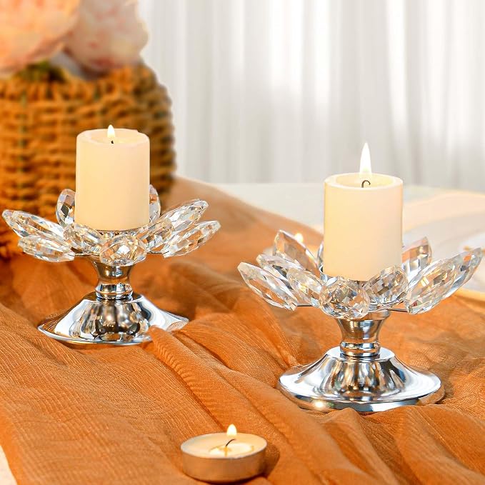 4 PCS Silver Crystal Flower Tea Light Holder, Glass Tealight Candlestick with Metal Base, Votive Candle for Table Centerpiece, Wedding/Parties Decor, Nice Gift