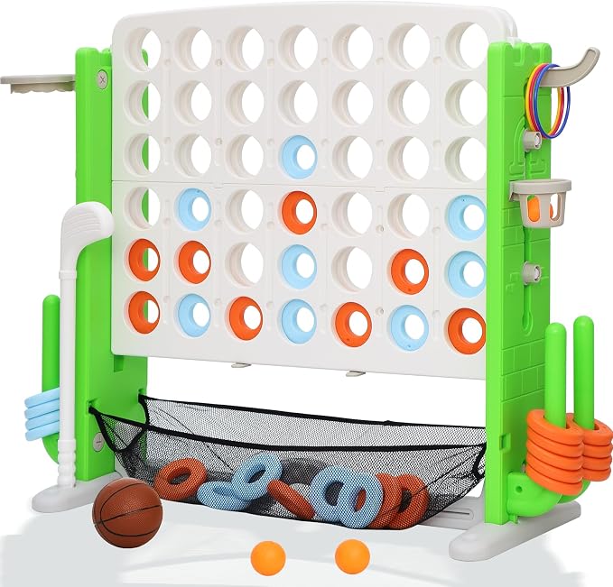 Giant 4-in-A Row Connect Game Set, Height Adjust Jumbo Yard Game for Kids & Adults w/Mesh Catching Bag, Basketball Hoop, Ring Toss & Mini Golf, Family Party 4-to-Score Indoor/Outdoor Games
