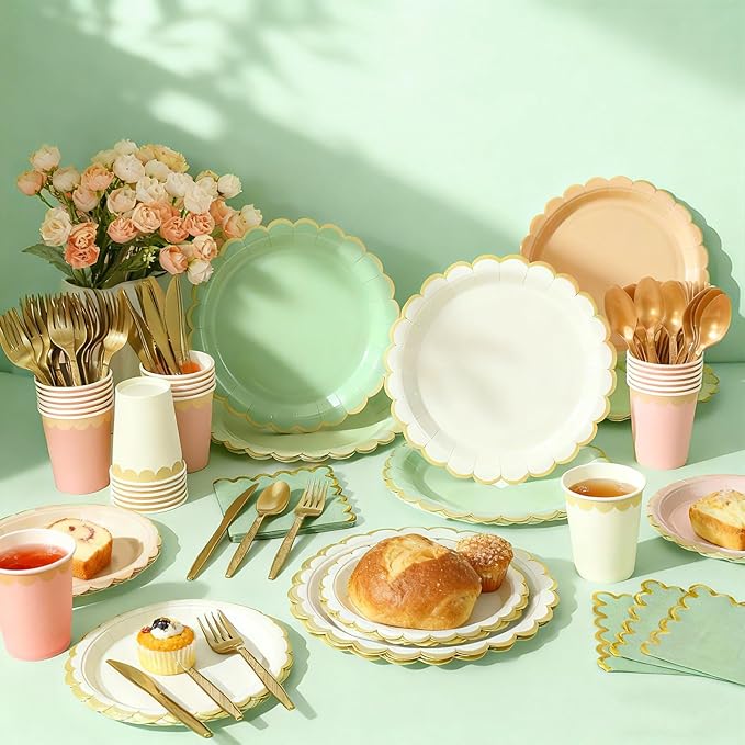 Mimorou 169 Pcs Sage Green and Pink Plates and Napkins Party Supplies Green and Rose Gold Tableware Include Scalloped Plates Paper Napkin Cup Spoon Fork Knife for Baby Shower, Wedding, Birthday