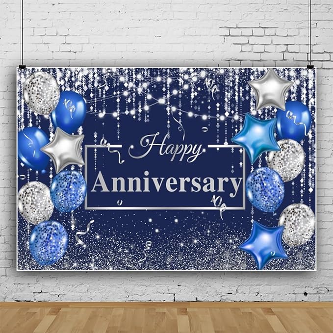 Yeele 12x6ft Happy Anniversary Backdrop Blue and Silver Balloons Silver Glitter Confetti Photography Background for Wedding Anniversary Party Supplies Decoration Photo Shoot Props Vinyl
