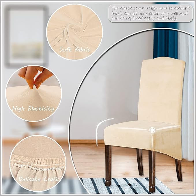 Velvet Plush XL Dining Chair Covers, Stretch Chaircover, Spandex High Chairs Protector Covers Seat Slipcover with Elastic Band for Dining Chairs (Cream Yellow, Set of 4)