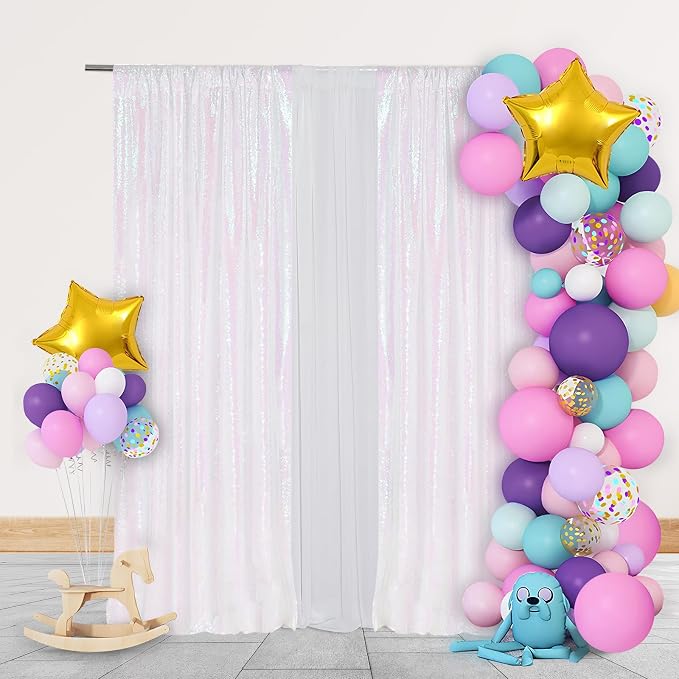 PartyDelight Iridescent White Sequin Backdrop Curtains 2x8ft 2 Panels | Iridescent white 3mm sequins show pink and purple tones under light with 4 inch rod pocket for doors windows and photo booths