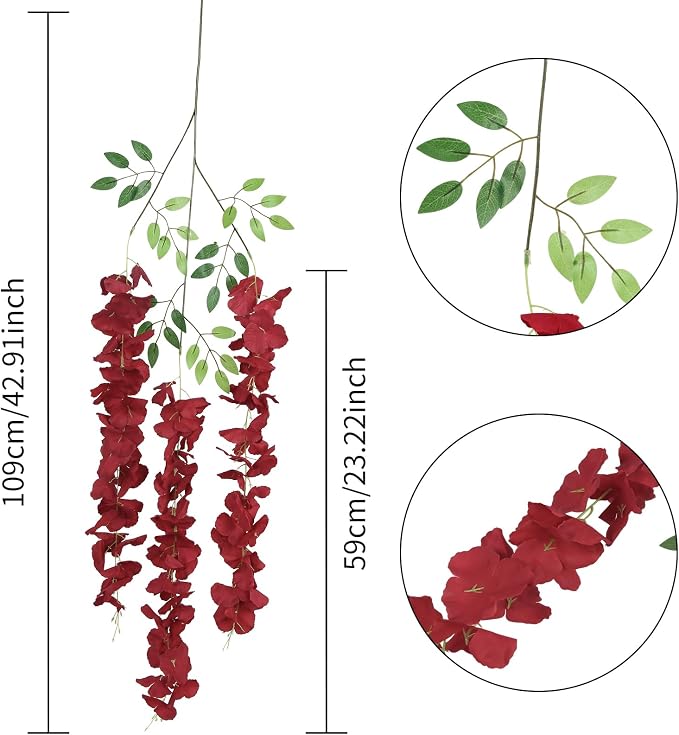 12Pack Burgundy Wisteria Hanging Flowers Vines 3.6ft Artificial Silk Flowers Fake Wisteria Bushy Garland Hanging Rattan String for Garden Home Wall Wedding DIY Party Decorations (Burgundy)
