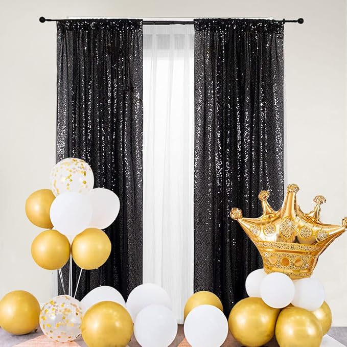 PartyDelight Black Sequin Backdrop Curtains 2x8ft 2 Panels | 3mm stitched sequin curtain with 4 inch rod pocket for 2x8ft 2 panel doorway window side drape narrow photo booth strip
