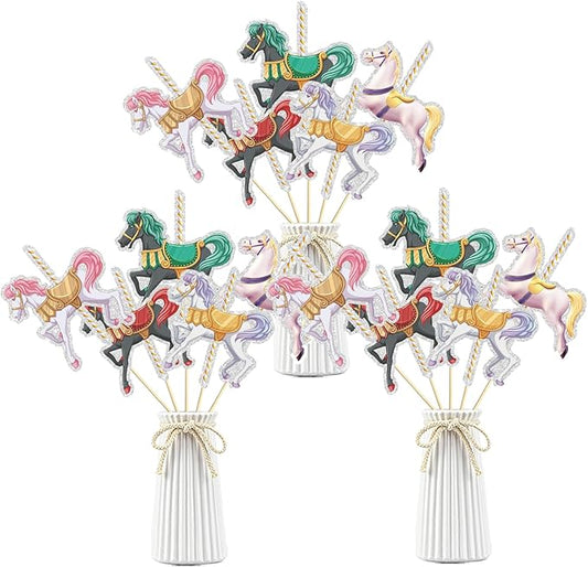Set of 15,Carousel Horses Table Centerpieces Sticks,Carousel Horse Table Toppers,Horse Party Decoration for Horse Themed Birthday Party Baby Shower Supplies.