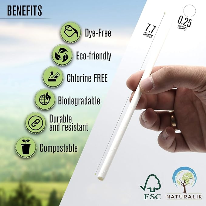 Naturalik 300-Pack Individually Wrapped Paper Straws - 100% Biodegradable Dye-Free Premium White Bulk Drinking Straws for Juices, Smoothies, Restaurant (Regular 7.7")
