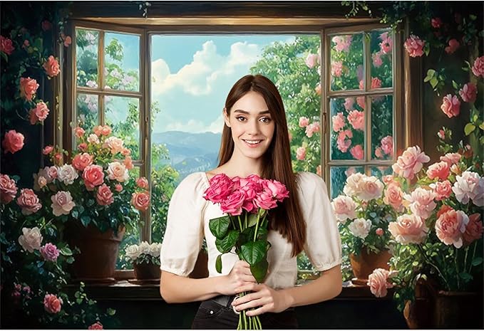 Baocicco 8x6.5ft Flowers Windowsill Photography Background Spring Floral Retro Oil Painting Photo Backdrop for Valentines Mothers Day Birthday Wedding Party Decorations Girls Women Portraits
