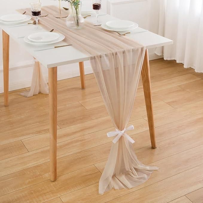 WELTRXE 10 Pack Champagne Chiffon Table Runner 30x120 Inches Romantic Sheer Wedding Table Runner Glitter Brown Tulle Fabric Party Table Decorations for Wedding, Birthday Party, Bridal & Baby Shower