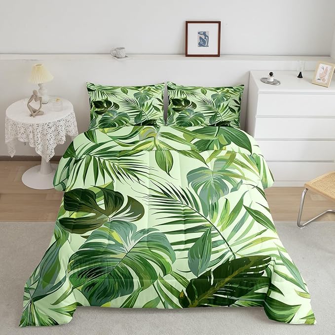 jejeloiu Green Palm Leaf Comforter Set Full Size Kids Tropical Leaves Pattern Green Bedding Set for Boys Girls Summer Tree Branches Nature Theme Duvet Quilt Room Decor