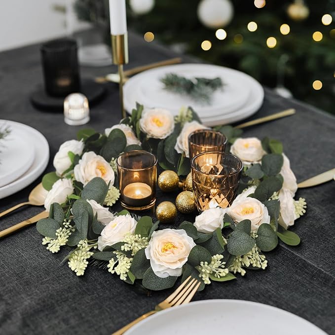 Zerzsy 13Ft Artificial Eucalyptus Garlands with Flowers, Artificial Champagne Rose Garland Vine Decor, Faux Floral Greenery Spring Garland Decorations for Table Home Wedding Mantle Party