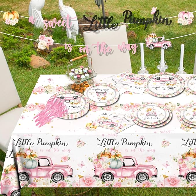 Little Pumpkin Baby Shower Party Decorations Tableware,142Pcs A Sweet Little Pumpkin is On The Way Girl Pink Floral Truck Disposable Tablecloth,Plates,Napkins for Autumn Fall Thanksgiving Supplies
