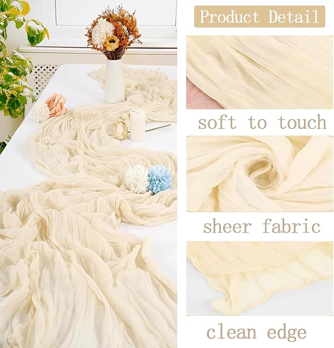 16 Pack Ivory Cheesecloth Table Runner 20 x 120 inch Gauze Table Runners 10 FT Long,Semi Sheer Cheese Cloth Fabric Table Runner Bulk for Wedding,Party,Baby Shower,Bridal Shower Decoration
