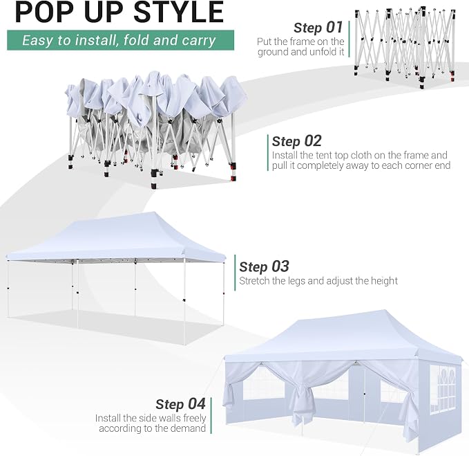 COBIZI 10x20 Pop Up Canopy with 6 Sidewalls - Waterproof Commercial Tent, UV 50+ Protection, Easy Setup Outdoor Gazebo for Parties, Events & Garden with Sandbags, Swan White