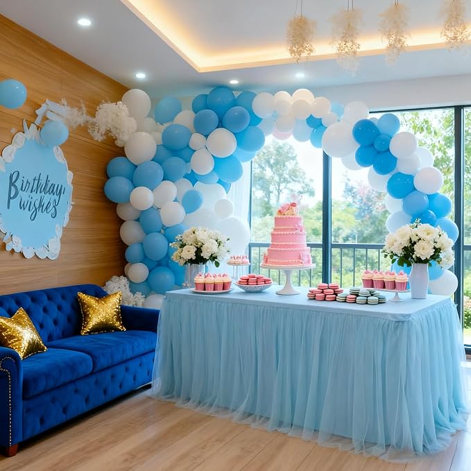 1-Pack Blue 2-in-1 Tulle Tablecloth for 6-Foot Rectangular Table – Stretch Fitted Table Skirt & Cover for Baby Shower, Bridal, Birthday, Princess Party