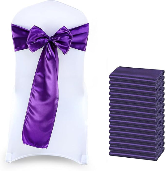MDS Satin Chair Sashes, 25 Pack, 7”x108” Each, Decorative Chair Bows Ribbon Tie Backs for Wedding Party, Holiday Dinner, Birthday, Reception, Banquet, Hotel & Event Decoration - Cadbury Purple