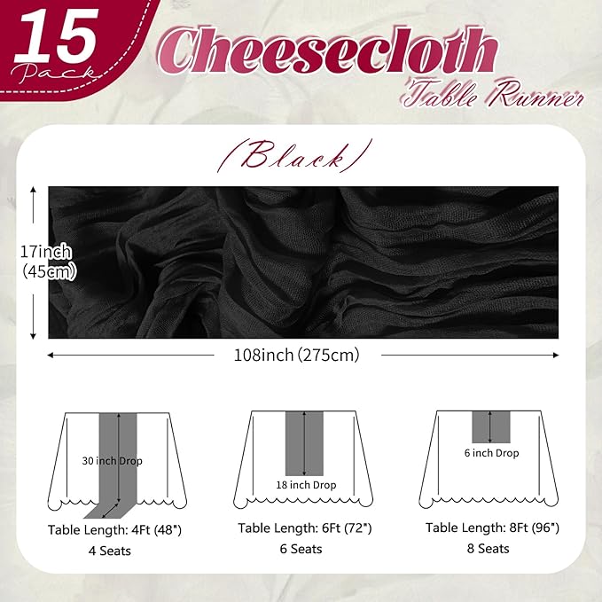 15 Pack Black Cheesecloth Table Runner 17 x 108 inch Cheese Cloth Table Runners 9ft Black Table Runner Rustic Romantic Sheer Gauze Runner for Wedding Party Baby Shower Table Decoration