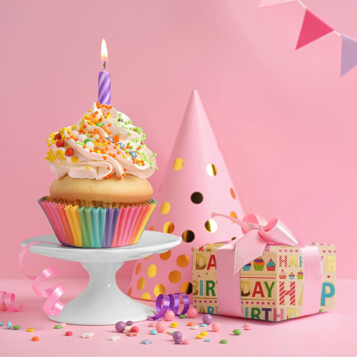 Aimyoo Colorful Birthday Wrapping Paper Roll - 17 Inch X 16.4 Feet - Gold Foil Happy Birthday Lettering & Cupcake Design Gift Wrap for Kids, Baby Showers