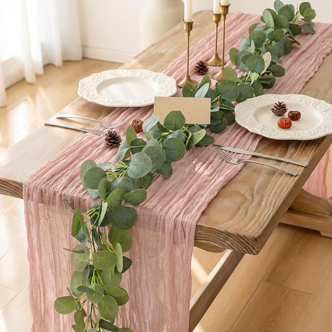 Leinuosen 8 Set 10 Ft Light Pink Cheesecloth Table Runner Wedding Decor with 6 Ft Eucalyptus Garland, Boho Gauze Table Centerpiece Runner for Wedding Baby Shower Birthday Party Decoration