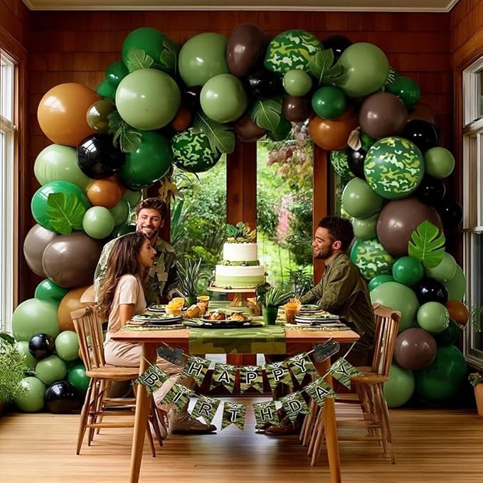 Camo Balloon Arch Garland Kit Double Stuffed Dark Green Brown Black Balloon Latex Sage Olive Green Black Balloons for Dinosaur Birthday Woodland Jungle Hunting Theme Camo Baby Shower Party Decor