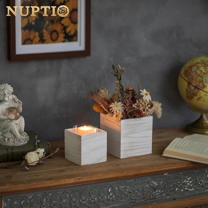 NUPTIO Wooden Box for Centerpiece Wedding: 6 Pcs Rustic Square Planter Box Farmhouse Table Fall Decor - 4×4" & 5×5" Whitewashed Small Wood Vases Flower Pots for Windowsill Home Garden