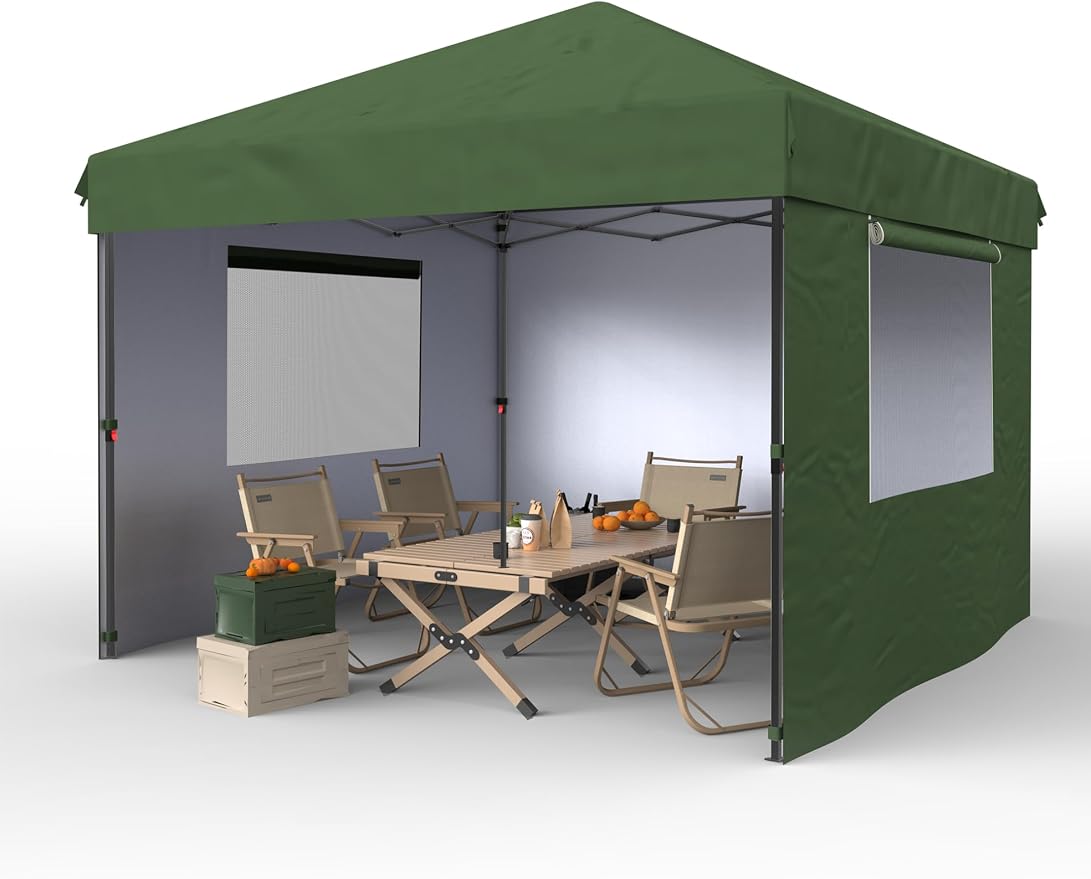 10x10 Pop Up Canopy with 3 Sidewalls - Outdoor Canopy Tent with Portable Roller Bag - One Button Push Setup, 3 Adjustable Height, 4 Weight Bags, 8 Stakes & 4 Guy Ropes Included, Green