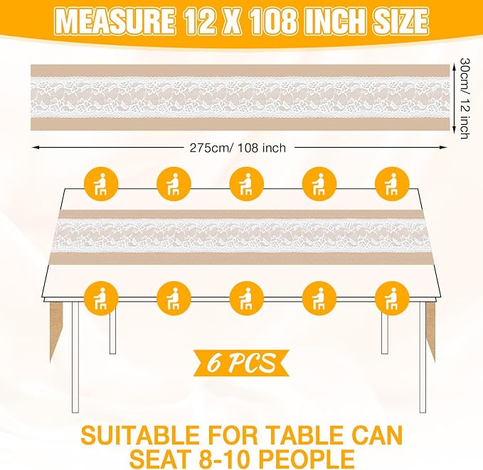 Xinnun 6 Pack Burlap Table Runner with Warm LED Lights,Rustic Lace Wedding Table Decor,Boho Farmhouse Jute Runner for Reception Bridal Shower Party(Novelty,12x108 Inches)