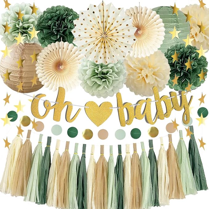 Sage Green Baby Shower Decorations Boy Oh Baby Banner Olive Sage Green Paper Pom Poms Paper Tassel Garlands for Baby Gender Reveal Party Decor