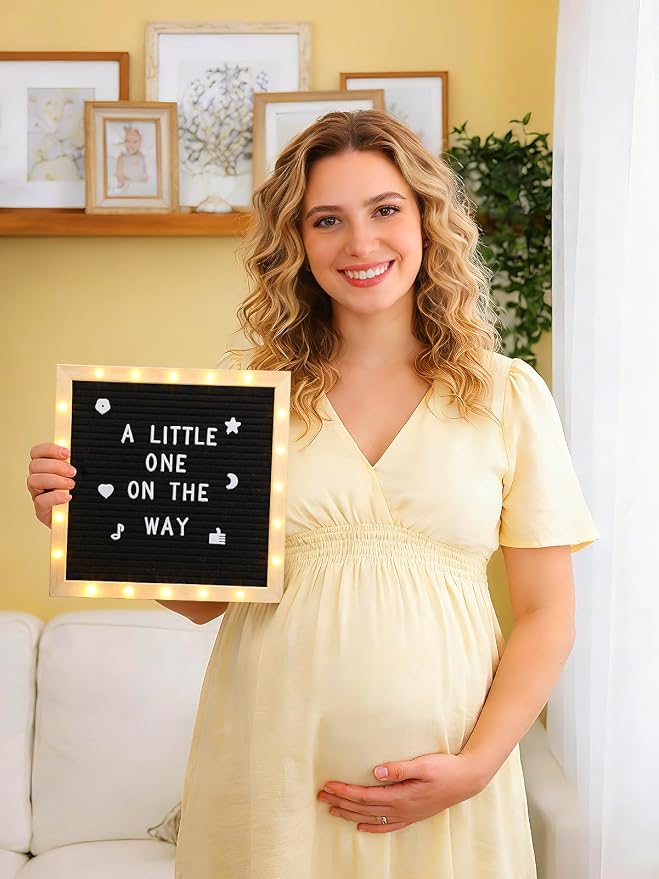Changeable Felt Letter Board with LED Lights - 10×10" Message Custom Signs & Wood Stand& 450 Letters, Poster Board for Baby/Pregnancy Announcement/Classroom Wall Decor Gifts First Day of School, Black