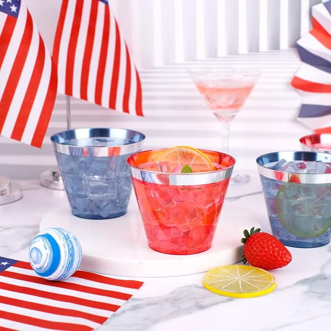 LIYH 100 Pcs 9 oz Red and Blue Disposable Plastic Patriotic Cups, 4th of July Plastic Wine Glasses for Celebrate, 4th of July Disposable Party Cups for Independence Day 50 Each