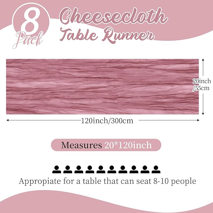 8 Pack Dusty Rose Cheesecloth Table Runners 20x120 Inch Gauze Table Runner 10FT Easter Cheese Cloth Table Runner Rustic Sheer Runner for Wedding Baby Shower Birthday Party Table Decor