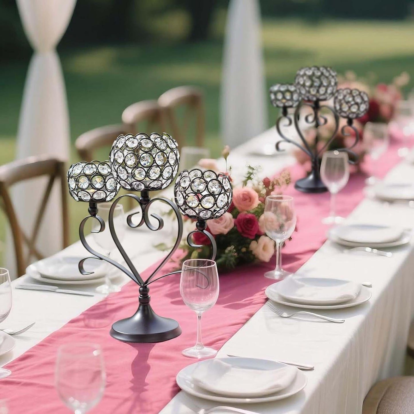 2 Pcs 3-Arm Heart Tea Light Candle Holder - Crystal & Metal Wedding Centerpiece Decor, Sparkling Table Decor for Anniversaries/Romantic Tabletop Home/Dinner Party/Events (2, Black)