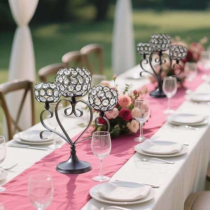 6 Pcs 3-Arm Heart Tea Light Candle Holder - Crystal & Metal Wedding Centerpiece Decor, Sparkling Table Decor for Anniversaries/Romantic Tabletop Home/Dinner Party/Events (6, Black)
