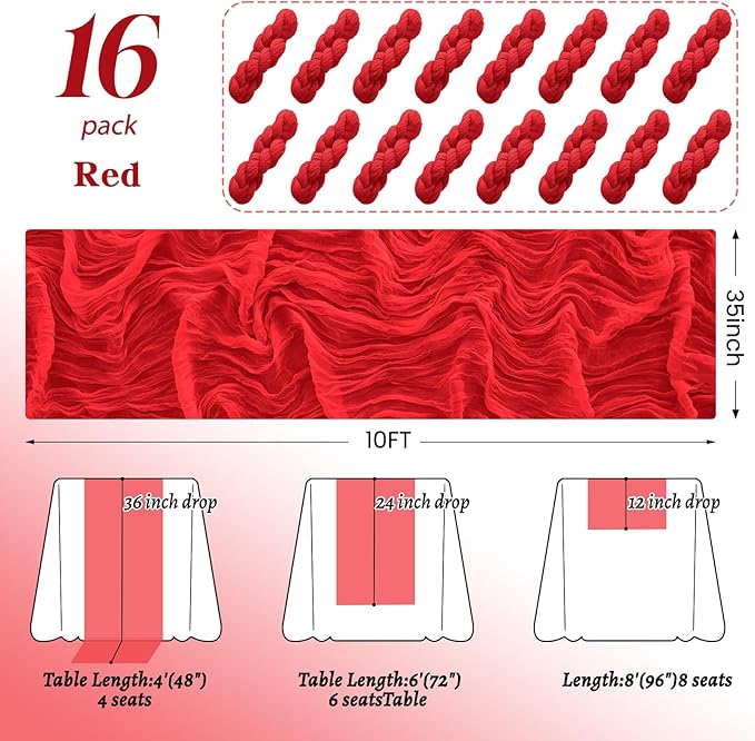 16Pack Red Table Runner 10FT Red Cheesecloth Table Runner 35x120Inch Long Boho Cheese Cloth Table Runners Rustic Gauze Table Runners for Party Wedding Bridal Baby Shower Table Decor