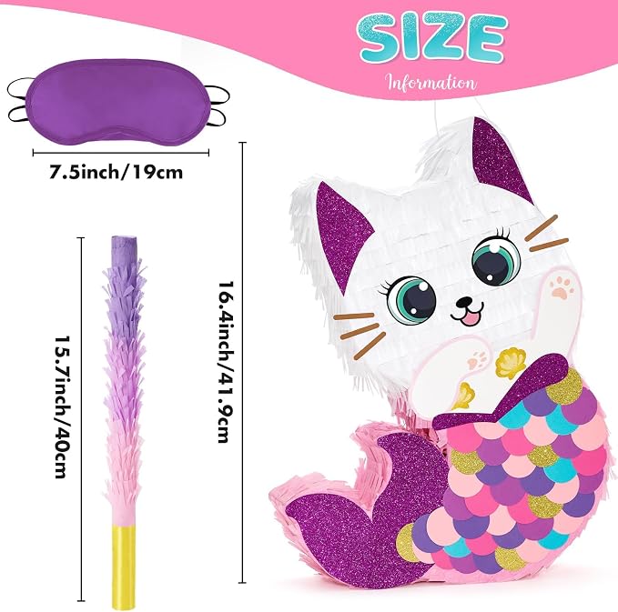 WERNNSAI Cat Piñata - Kitten Mermaid Birthday Party Decorations Kids Mermaid Piñata with Blindfold and Bat for Girls Summer Under the Sea Birthday Party Supplies Game Set